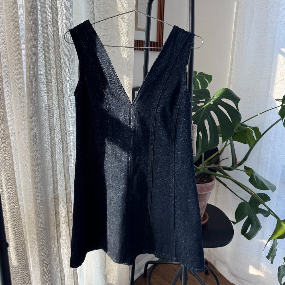 ZARA Dark Wash Denim Mini Dress with Deep V Neck – Size L (NWT)